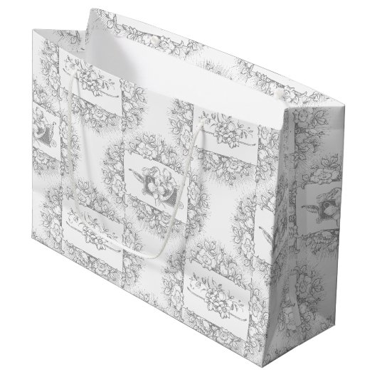 Grand Sac Cadeau Élégant gris chic et blanc gravé floral (Devant Angle)