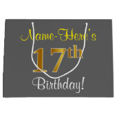 Grand Sac Cadeau Elégant, gris, Faux Or 17ème anniversaire + Nom (Devant)