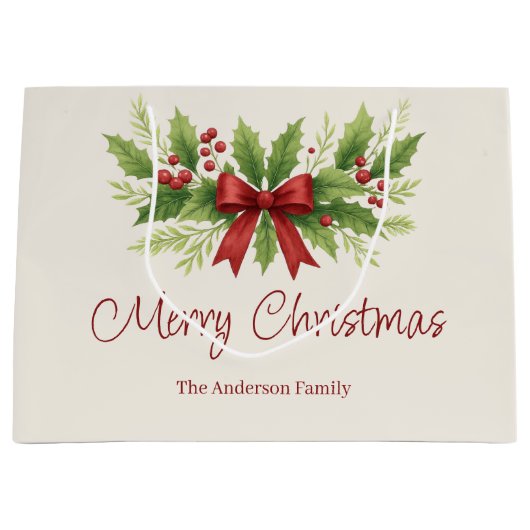 Grand Sac Cadeau Elegant Holly & Red Bow Noël - (Devant)