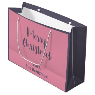 Grand Sac Cadeau Élégant Joyeux Noël rose et gris