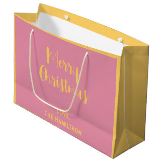 Grand Sac Cadeau Élégant Joyeux Noël rose et or doux