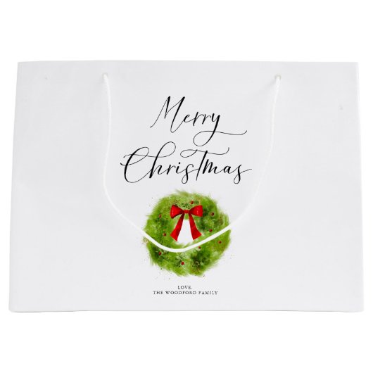 Grand Sac Cadeau Élégant Joyeux Script de Noël Vert Wreath (Devant)
