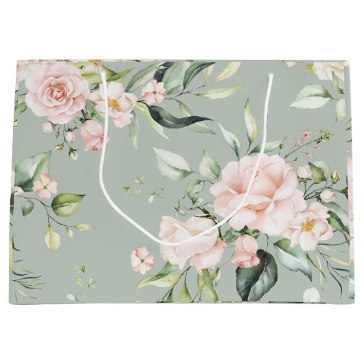 Grand Sac Cadeau Élégant Mariage vert Eucalyptus Rose Blush (Devant)