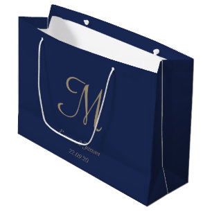 Grand Sac Cadeau Elégant Marine et Monogramme Or Nom de la fête de