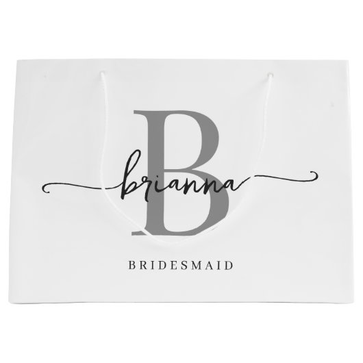 Grand Sac Cadeau Élégant minimal blanc Gris Monogramme Girly Script (Devant)