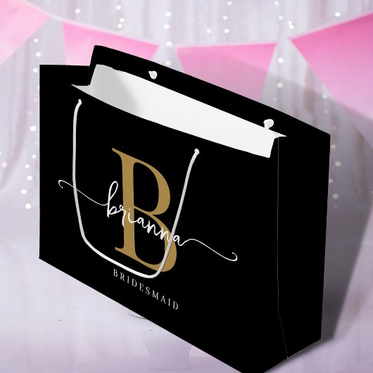 Grand Sac Cadeau Élégant minimal Noir Monogramme Girly Script