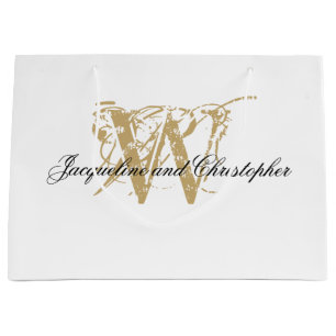 Grand Sac Cadeau Élégant Monogramme blanc & or chic Mariage classiq