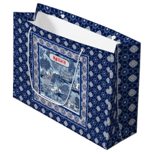 Grand Sac Cadeau Élégant Monogramme de Chinoiserie de Saule Bleu Bl
