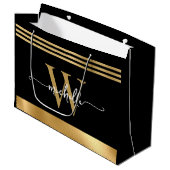 Grand Sac Cadeau Élégant Monogramme Initial Script Black Gold Sripe (Devant Angle)