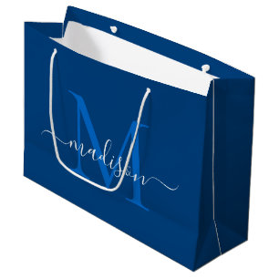 Grand Sac Cadeau Élégant Monogramme Marine Blue Girly Script élégan