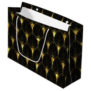 Grand Sac Cadeau Elégant Motif Art Déco Or brillant sur Noir