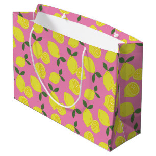 Grand Sac Cadeau Élégant Motif de citron rose et jaune