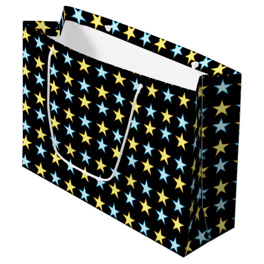 Grand Sac Cadeau Elégant Motif jaune et bleu étoile sur noir (Devant Angle)