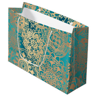 Grand Sac Cadeau Élégant Motif Mandala vert et or