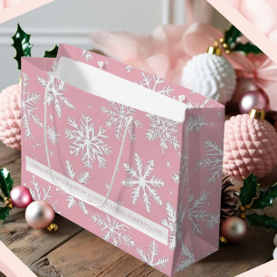 Grand Sac Cadeau Élégant motifs de flocons de neige rose et blanc