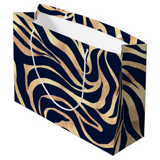 Grand Sac Cadeau Elegant Navy Blue Gold Zebra Print (Dos Angle)