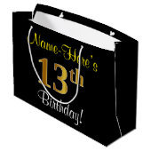 Grand Sac Cadeau Elégant, Noir, Faux Or 13ème Anniversaire + Nom (Dos Angle)