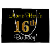 Grand Sac Cadeau Elégant, Noir, Faux Or 16ème Anniversaire + Nom (Dos)