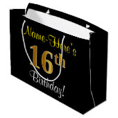 Grand Sac Cadeau Elégant, Noir, Faux Or 16ème Anniversaire + Nom (Dos Angle)