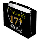 Grand Sac Cadeau Elégant, Noir, Faux Or 17ème Anniversaire + Nom (Dos Angle)