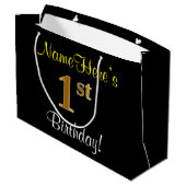 Grand Sac Cadeau Elégant, Noir, Faux Or 1er Anniversaire + Nom (Dos Angle)