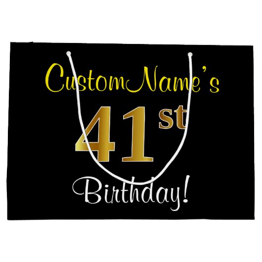 Grand Sac Cadeau Elégant, Noir, Faux Or 41ème Anniversaire + Nom (Dos)