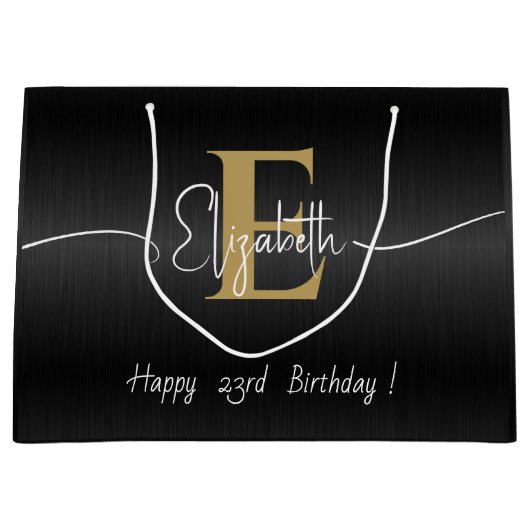 Grand Sac Cadeau Élégant Noir Moderne Or Monogramme Nom du script (Devant)