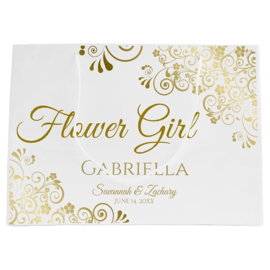 Grand Sac Cadeau Elégant or & blanc Simple Flower Mariage (Devant)