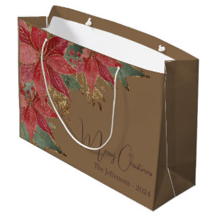 Grand Sac Cadeau Élégant or moderne Rouge Poinsettia Joyeux Noël