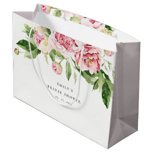 Grand Sac Cadeau Élégant Pink Green Paeony Floral Lavage de Mariée