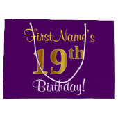 Grand Sac Cadeau Elégant, pourpre, Faux Gold 19e anniversaire + Nom (Dos)