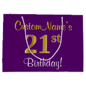 Grand Sac Cadeau Elégant, pourpre, Faux Gold 21e anniversaire + Nom (Dos)