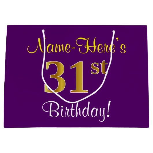 Grand Sac Cadeau Elégant, pourpre, Faux Gold 31e anniversaire + Nom (Devant)