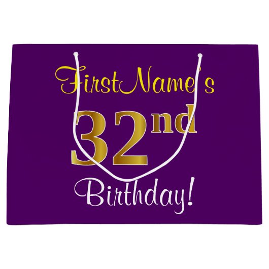 Grand Sac Cadeau Elégant, pourpre, Faux Gold 32e anniversaire + Nom (Devant)