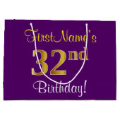 Grand Sac Cadeau Elégant, pourpre, Faux Gold 32e anniversaire + Nom (Dos)