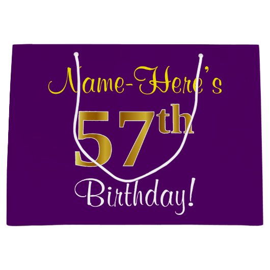 Grand Sac Cadeau Elégant, pourpre, Faux Gold 57e anniversaire + Nom (Devant)