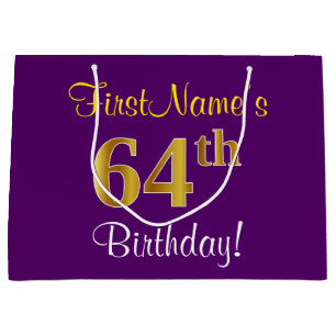 Grand Sac Cadeau Elégant, pourpre, Faux Gold 64e anniversaire + Nom