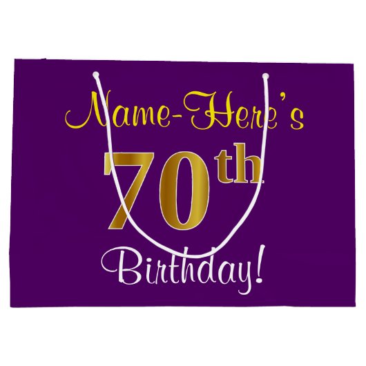 Grand Sac Cadeau Elégant, pourpre, Faux Gold 70e anniversaire + Nom (Dos)