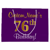 Grand Sac Cadeau Elégant, pourpre, Faux Gold 76e anniversaire + Nom (Dos)