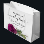 Grand Sac Cadeau Élégant Rose de Plum Magenta Maid of Honor Mariage<br><div class="desc">Ces beaux sacs-cadeaux sont conçus comme un cadeau mariage ou un sac de faveur pour votre femme d'honneur. Elles présentent un design simple mais étonnant, avec un rose à long tige de prune magenta ou de mauve de baies sur son côté. Le titre "Maid of Honor" écrit en lettres de...</div>