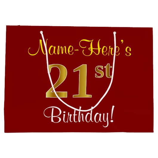 Grand Sac Cadeau Elégant, Rouge, Faux Gold 21e anniversaire; Nom pe (Dos)