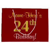 Grand Sac Cadeau Elégant, Rouge, Faux Gold 24e anniversaire; Nom pe (Dos)
