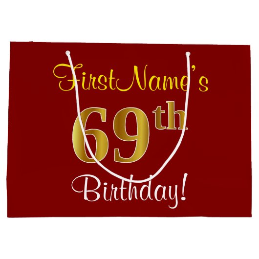Grand Sac Cadeau Elégant, Rouge, Faux Gold 69e anniversaire; Nom pe (Dos)