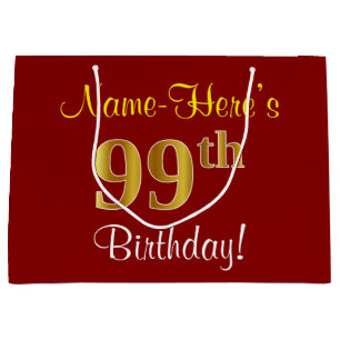 Grand Sac Cadeau Elégant, Rouge, Faux Gold 99e anniversaire; Nom pe