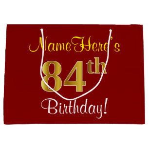 Grand Sac Cadeau Élégant, Rouge, Or Faux Pour 84e Anniversaire ; No