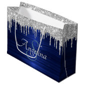Grand Sac Cadeau Élégant Script Blue Metallic Parties scintillant a (Devant Angle)