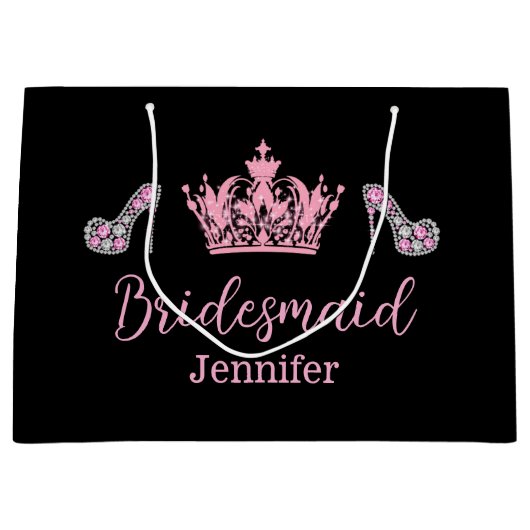 Grand Sac Cadeau élégant script rose bridesmaid noir (Devant)