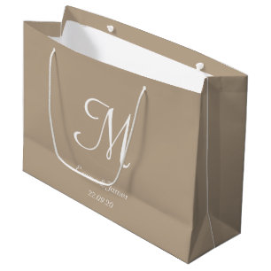 Grand Sac Cadeau Élégant Taupe & Monogramme Blanc Nom Mariage 