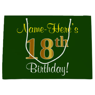 Grand Sac Cadeau Elégant, Vert, Faux Or 18ème anniversaire + Nom