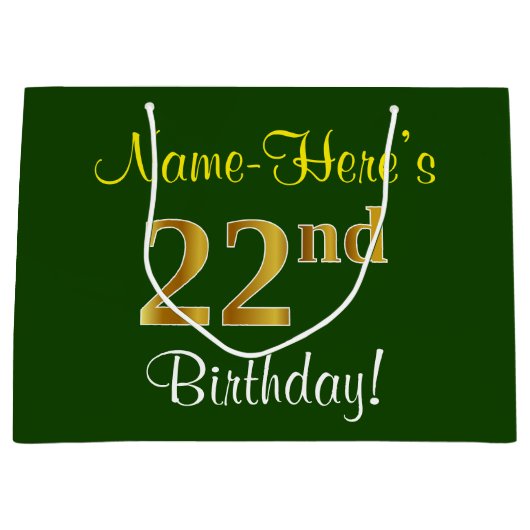 Grand Sac Cadeau Élégant, Vert, Faux Or 22ème anniversaire + Nom (Devant)
